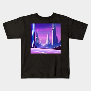 Minimalistic Cyberpunk City Landscape With a Purple and Pink Skyline Kids T-Shirt